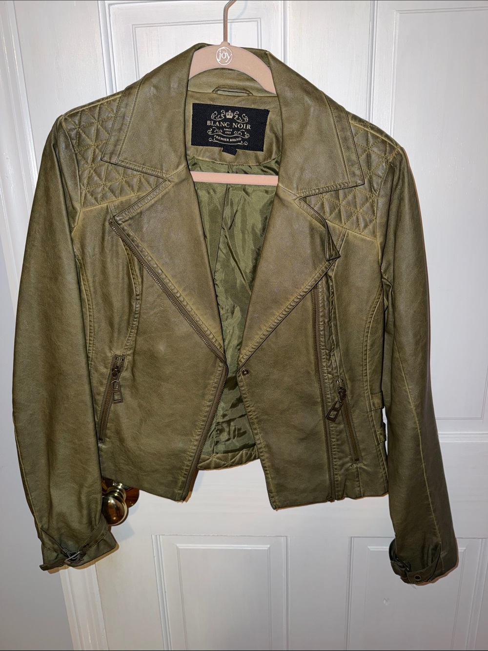 blanc noir Olive Green Quilted Faux-Leather Moto Jacket
